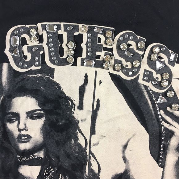 Guess Women's Short Sleeve Eco 1981 Western Girl Tee Rhinestone Black Small NWT - Picture 9 of 12